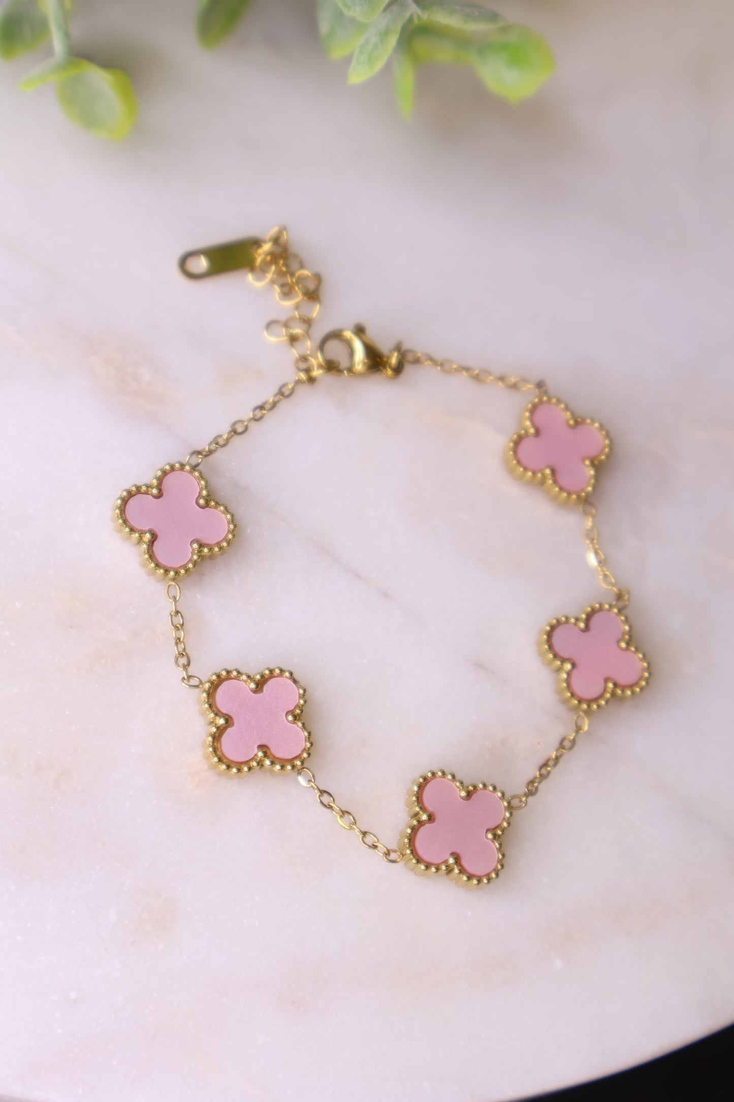 Lucky Luxe: Soft Blush & Gold Clover Bracelet