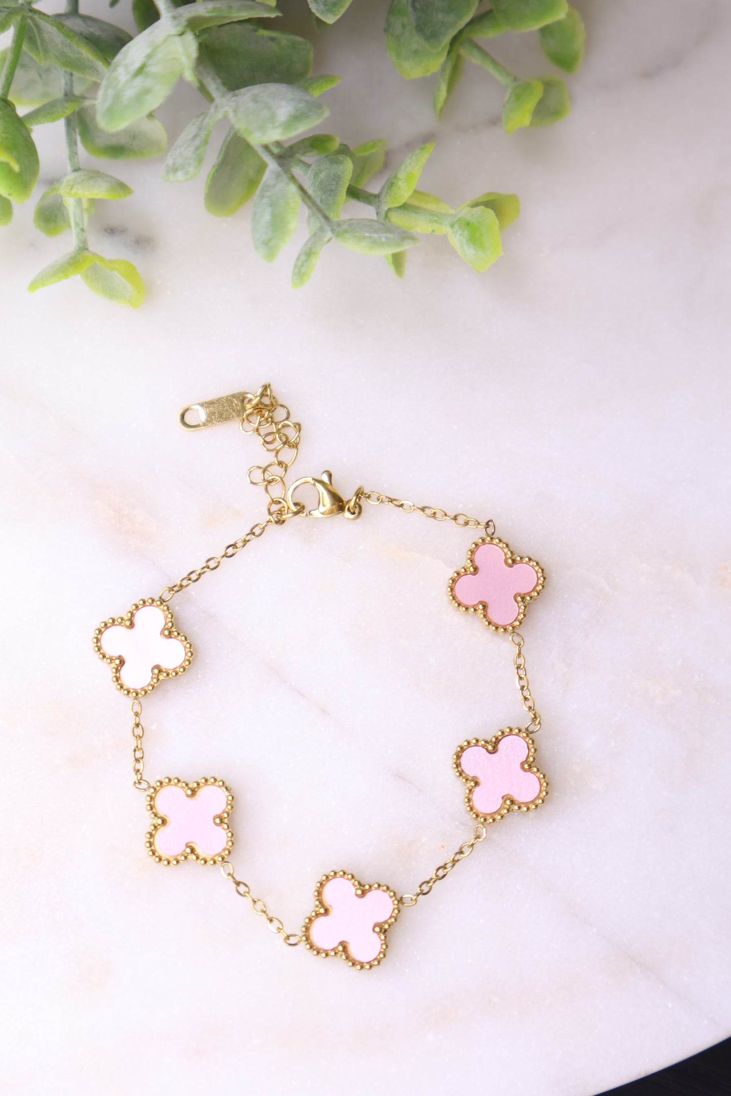 Lucky Luxe: Soft Blush & Gold Clover Bracelet