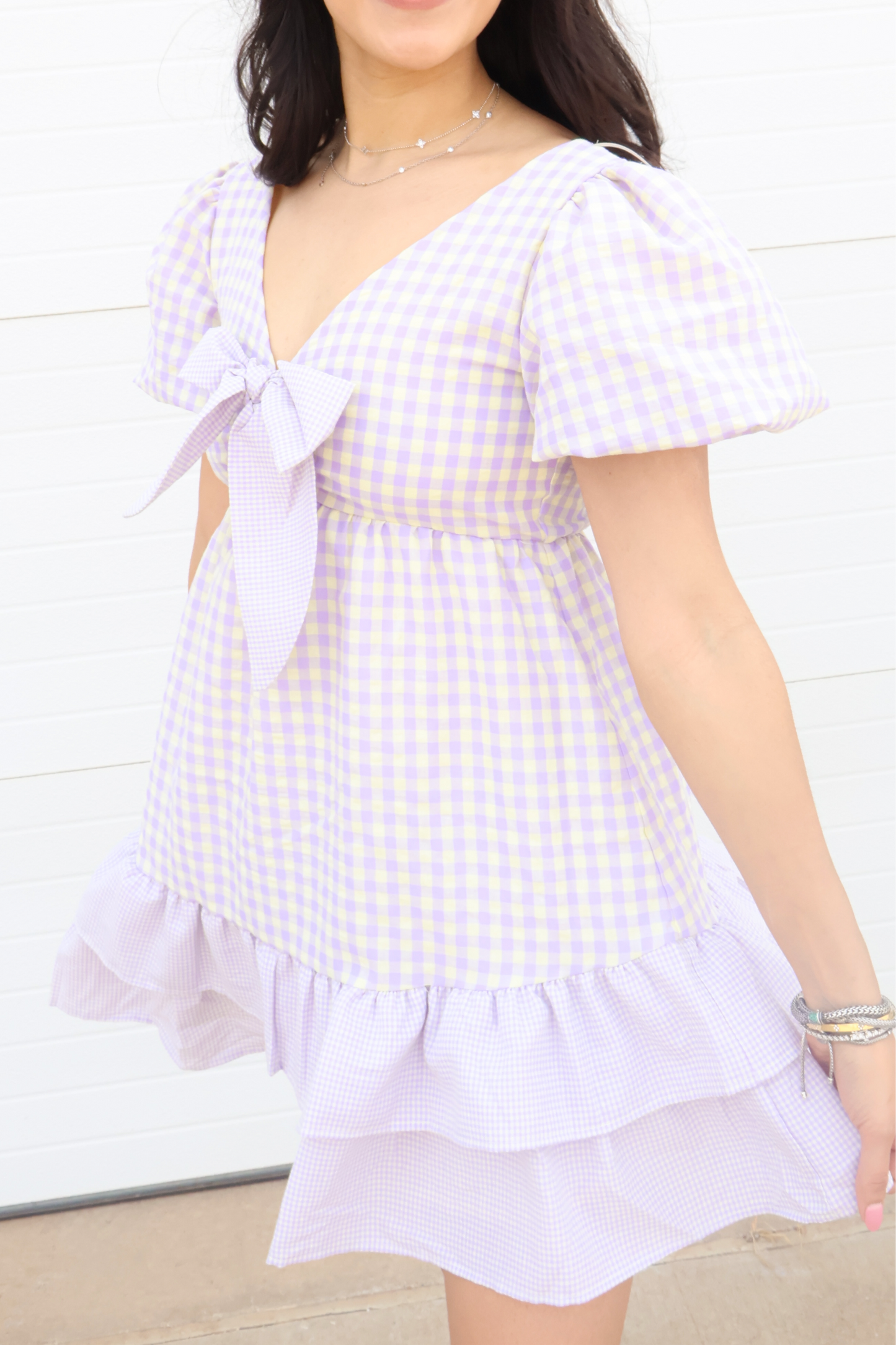 Lavender Gingham Ruffle Mini Dress – front shot