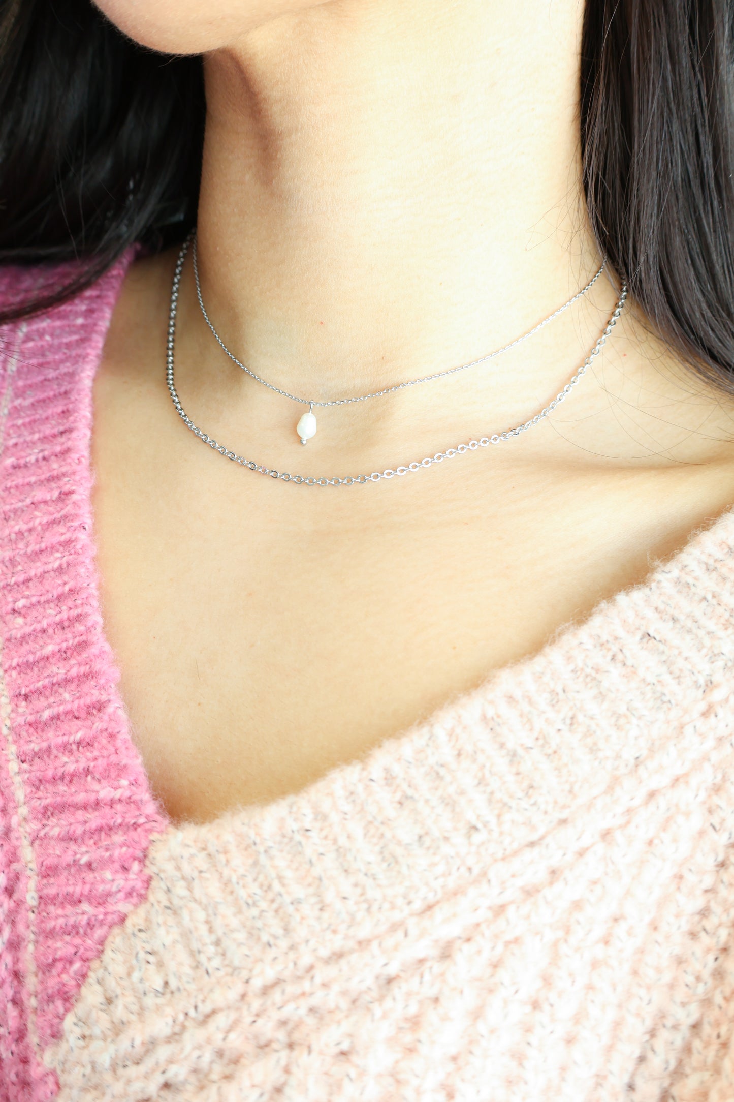 Floating Pearl necklace on model