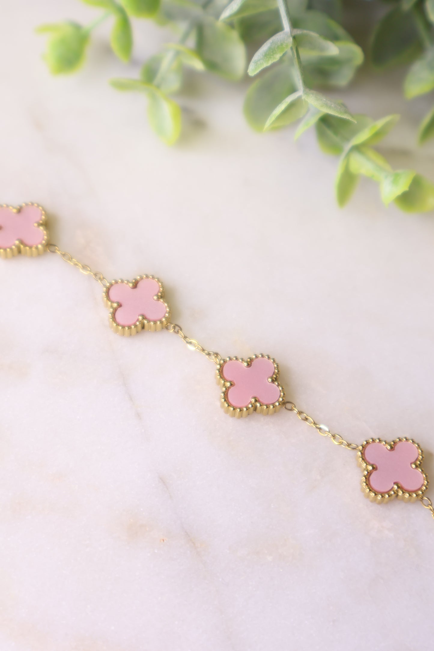 Lucky Luxe: Soft Blush & Gold Clover Bracelet