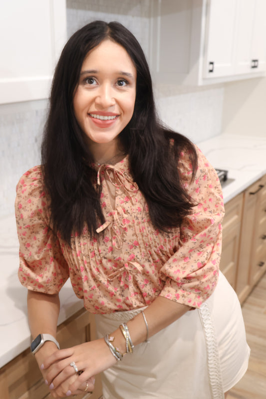 ROSE BLOSSOM BOW BLOUSE | FEMININE FLORAL TOP WITH BUBBLE SLEEVES