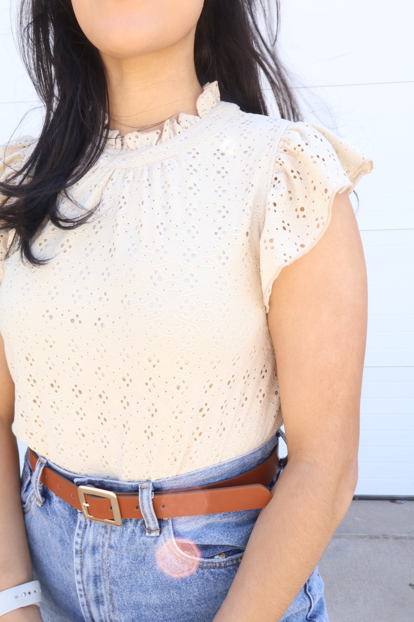THE CREAM DREAM RUFFLE MOCK NECK TOP – CHIC & FLIRTY SHORT SLEEVE BLOUSE