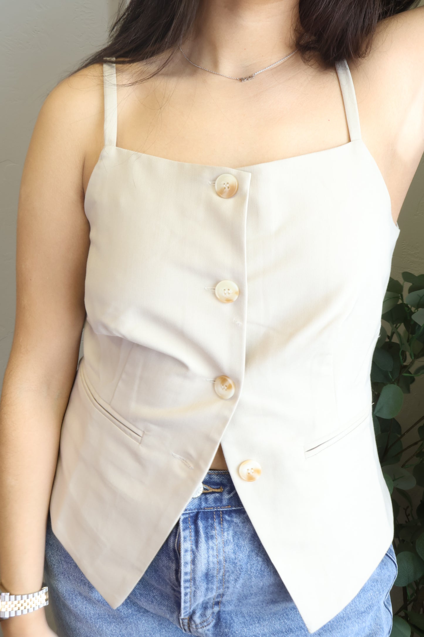 BEIGE ASYMMETRICAL BUTTON-UP VEST TOP FRONT