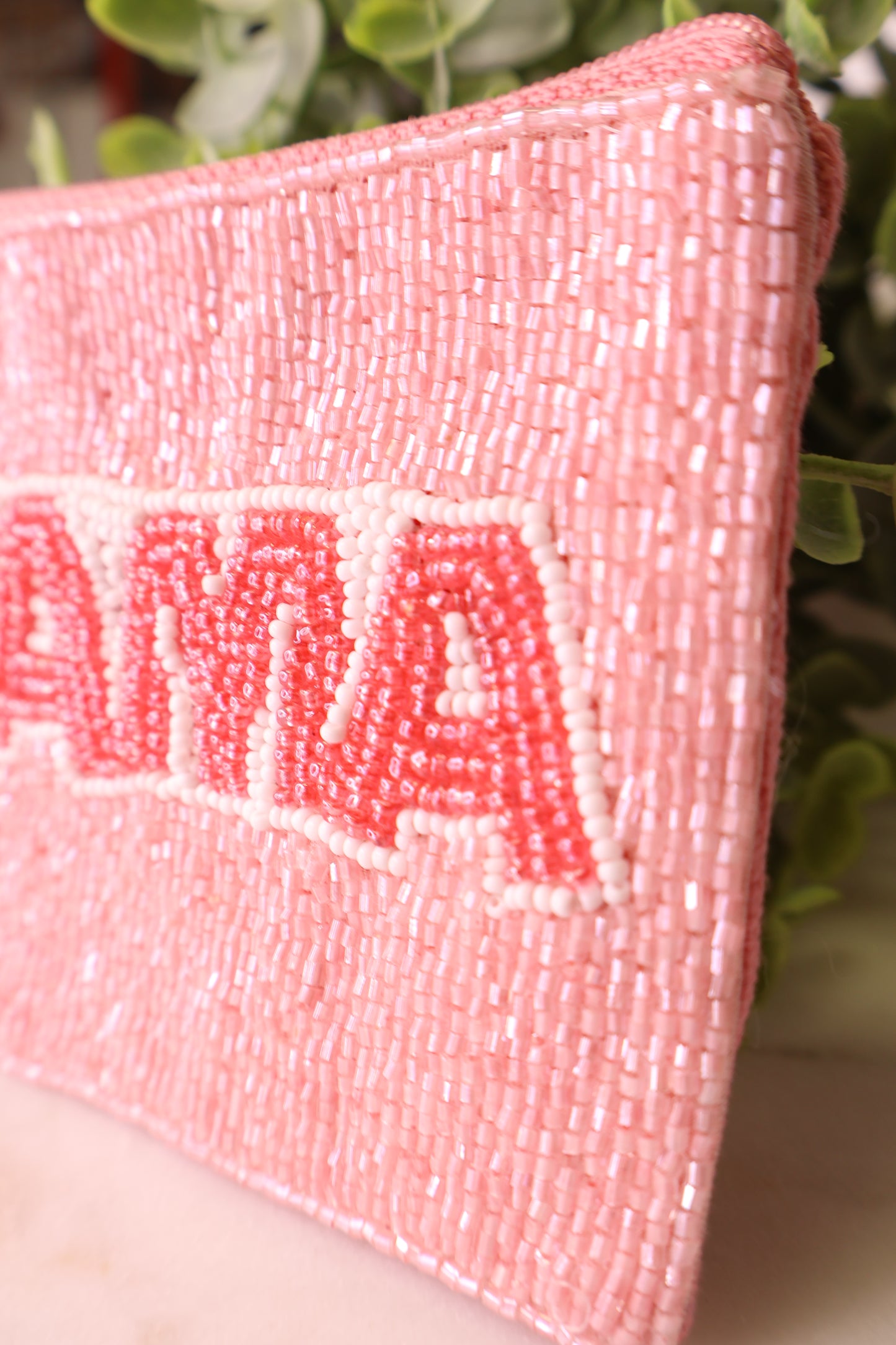 Pink Beaded Mama Pouch Close Up