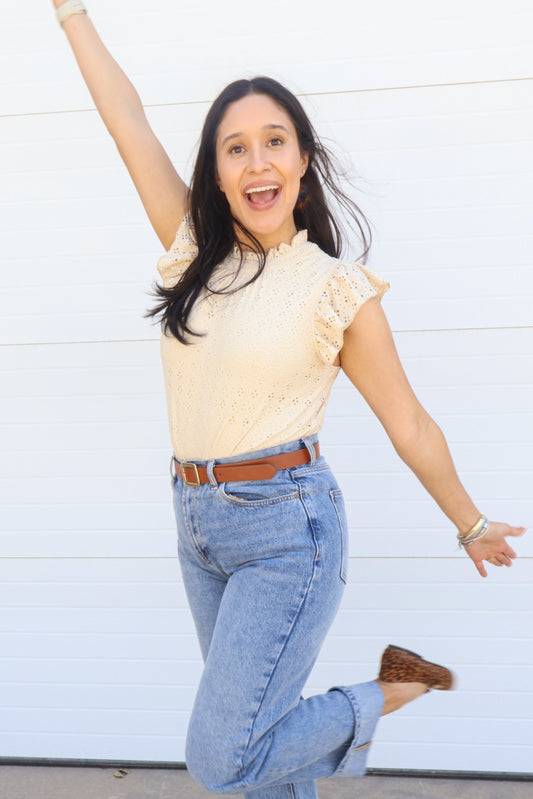 THE CREAM DREAM RUFFLE MOCK NECK TOP – CHIC & FLIRTY SHORT SLEEVE BLOUSE