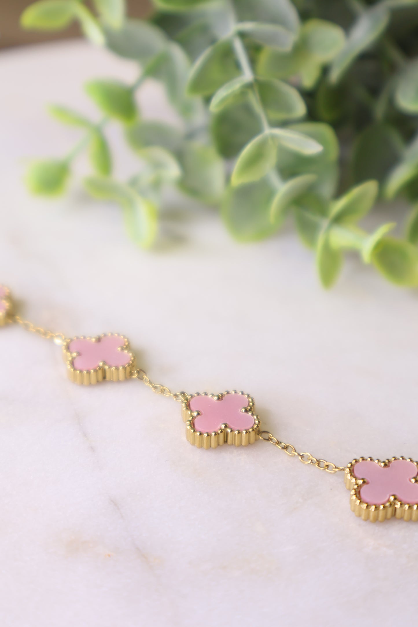 Lucky Luxe: Soft Blush & Gold Clover Bracelet