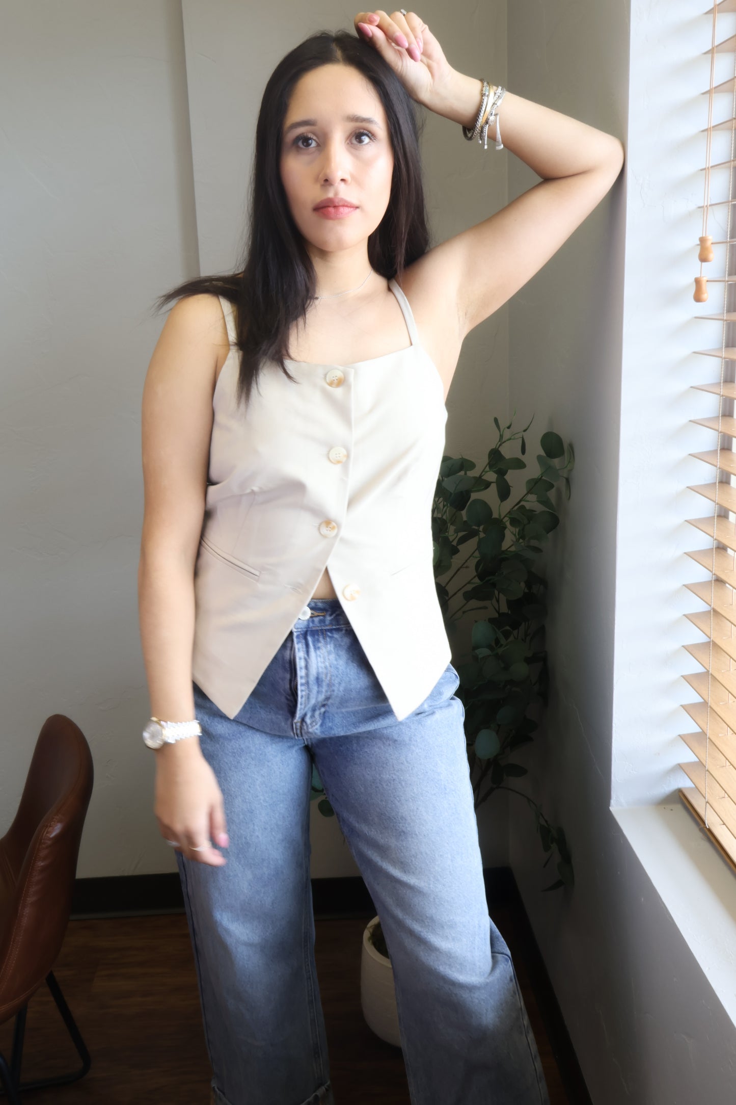 BEIGE ASYMMETRICAL BUTTON-UP VEST TOP FULL BODY