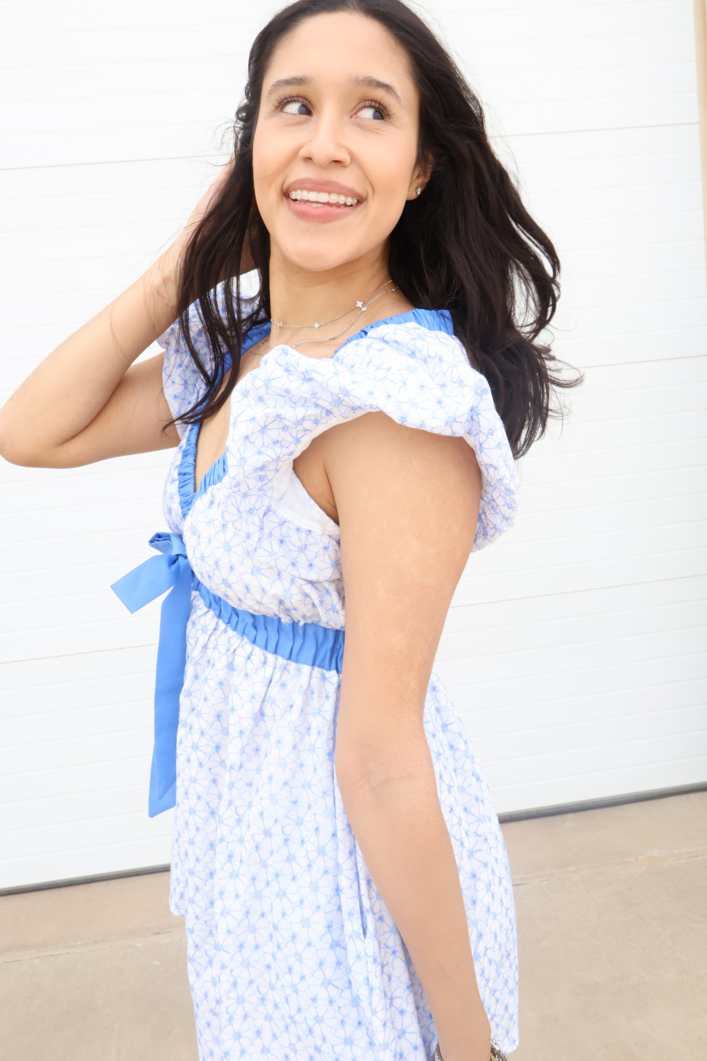 Blue Ruffle Romper Model Posing