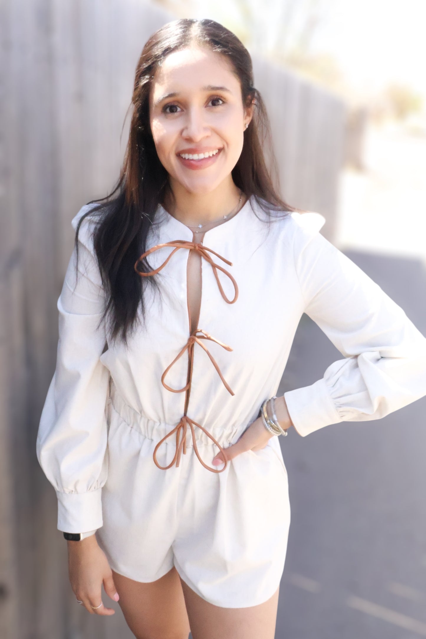 VEGAN LEATHER LACE-UP ROMPER – LONG SLEEVE, ELASTIC WAIST, BOHO CHIC OUTFIT