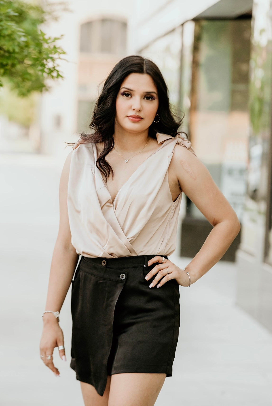 Lindsay Champagne Satin V-Neck Sleeveless Bodysuit front