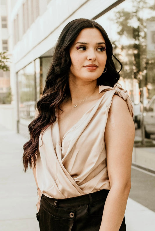 Lindsay Champagne Satin V-Neck Sleeveless Bodysuit