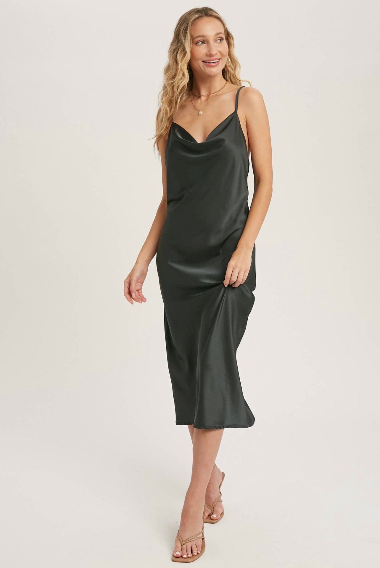 satin draped midi dress LOLA SATIN DRAPED NECK MIDI DRESS SMALL