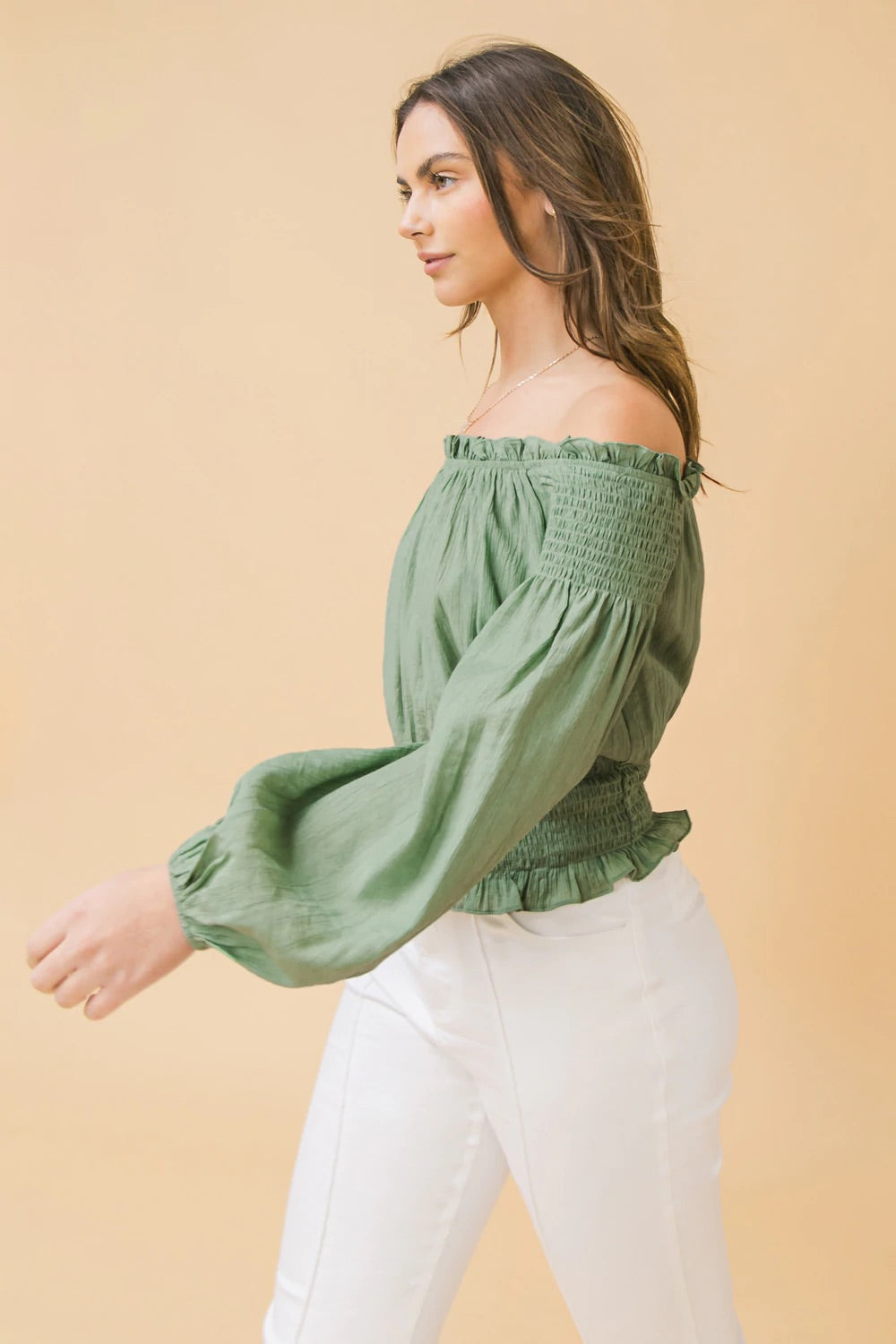 GREEN OFF THE SHOULDER BLOUSE SIDE VIEW