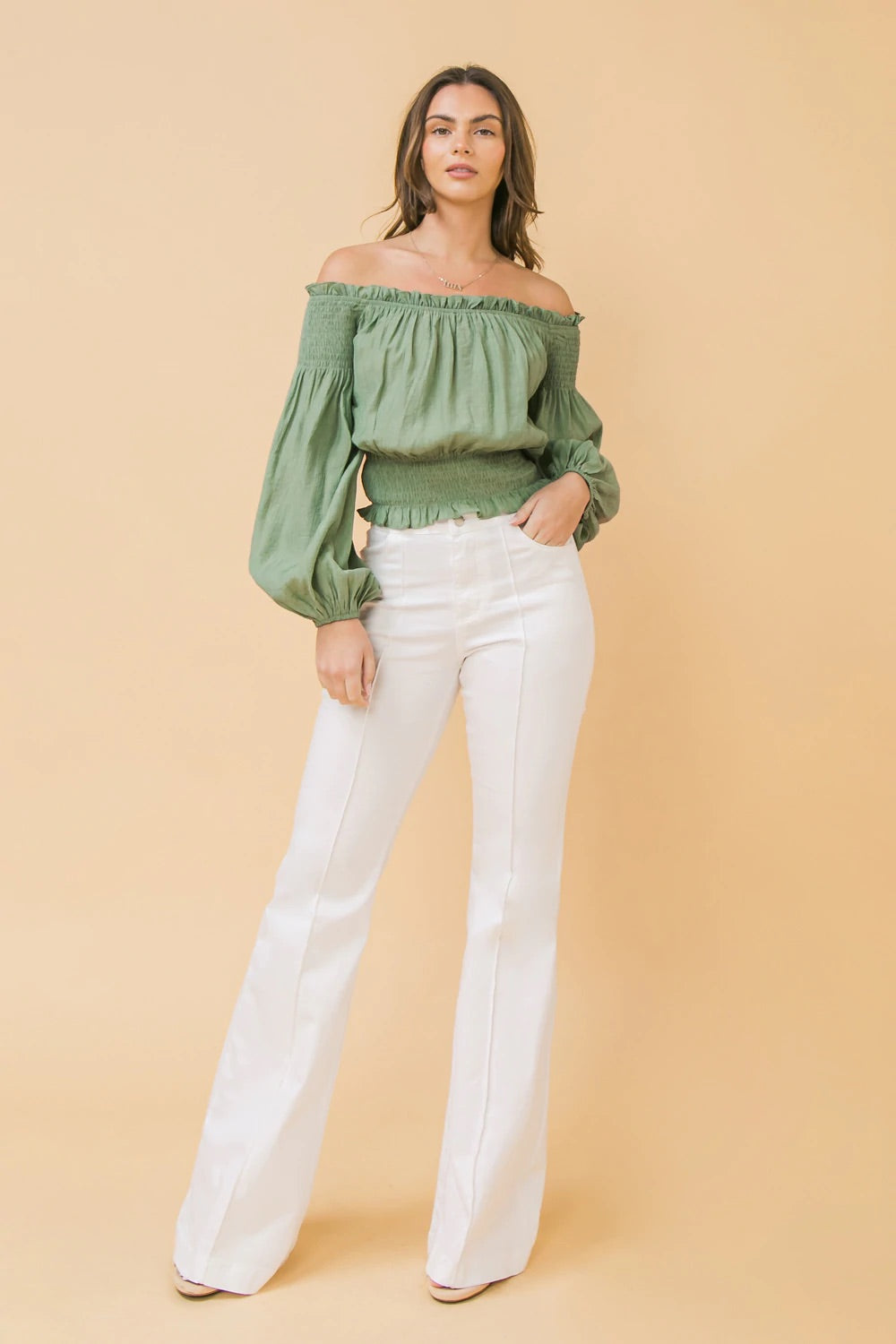 GREEN OFF THE SHOULDER BLOUSE OUTFIT INSPO