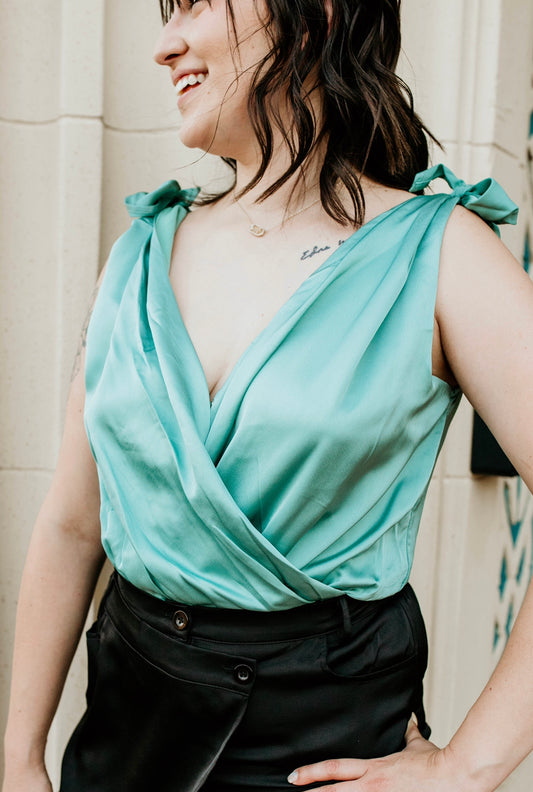 Lindsay Turquoise Satin V-Neck Sleeveless Bodysuit