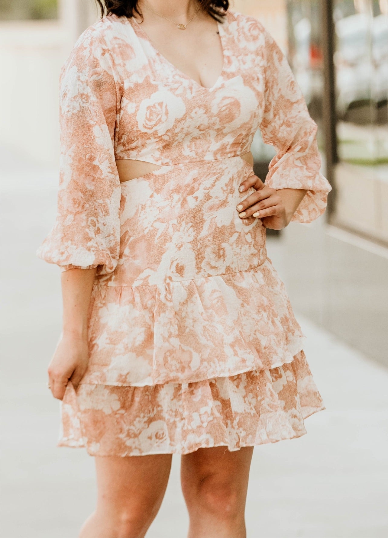 LOOK AT HER GO FLORAL DRESS - CHIC TIERED MINI DRESS WITH RUFFLE DETAILS