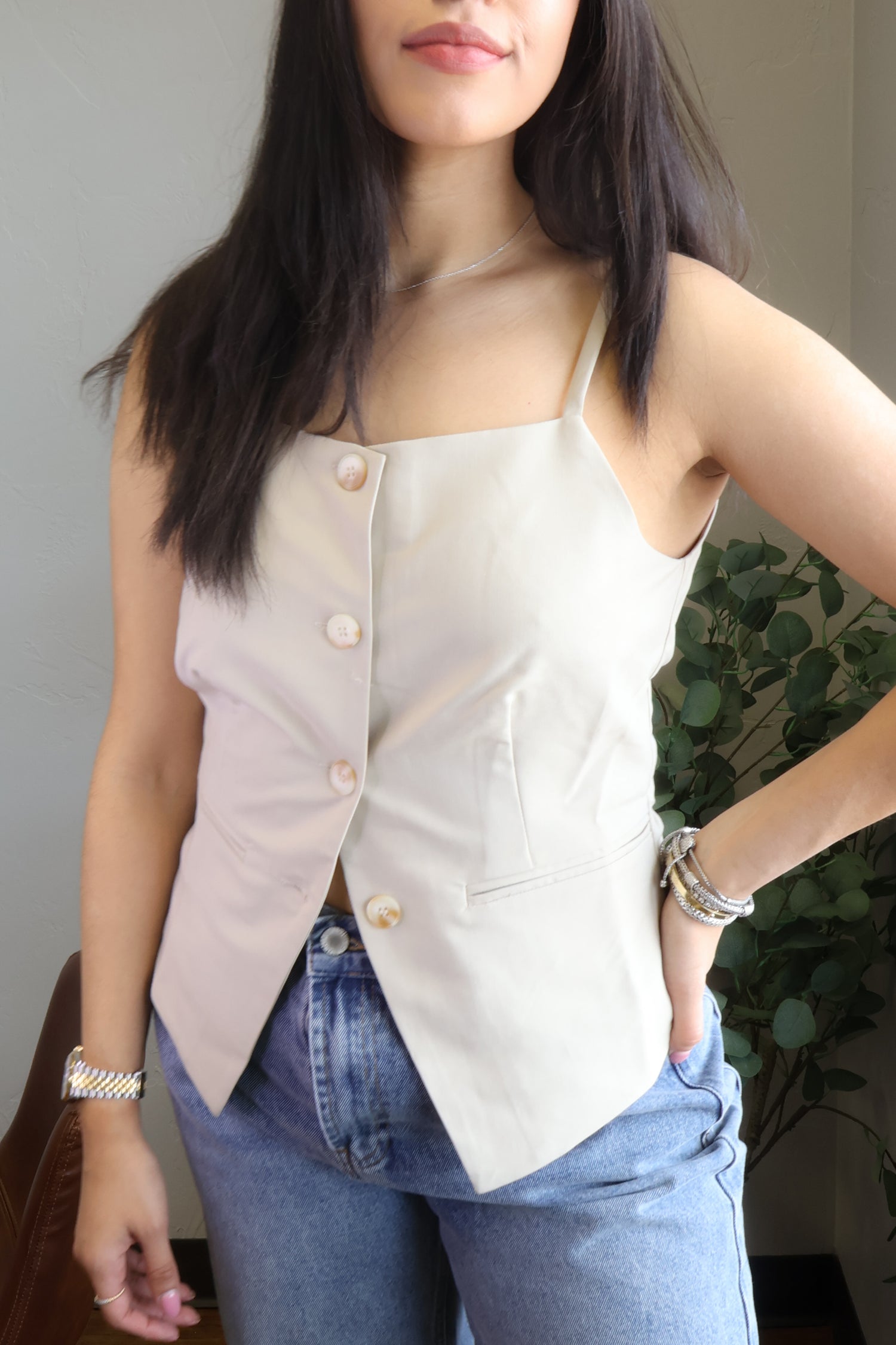 BEIGE ASYMMETRICAL BUTTON-UP VEST TOP