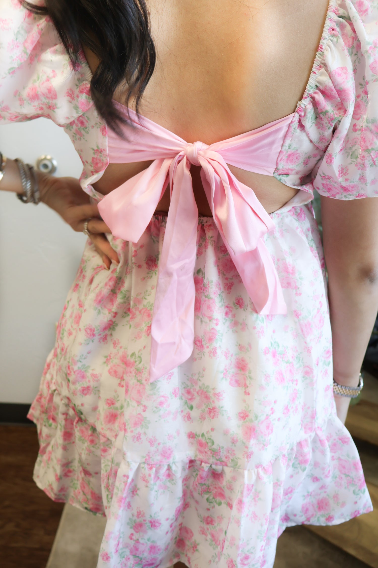 BLOSSOM BABE SQUARE NECK FLORAL MINI DRESS- back bow