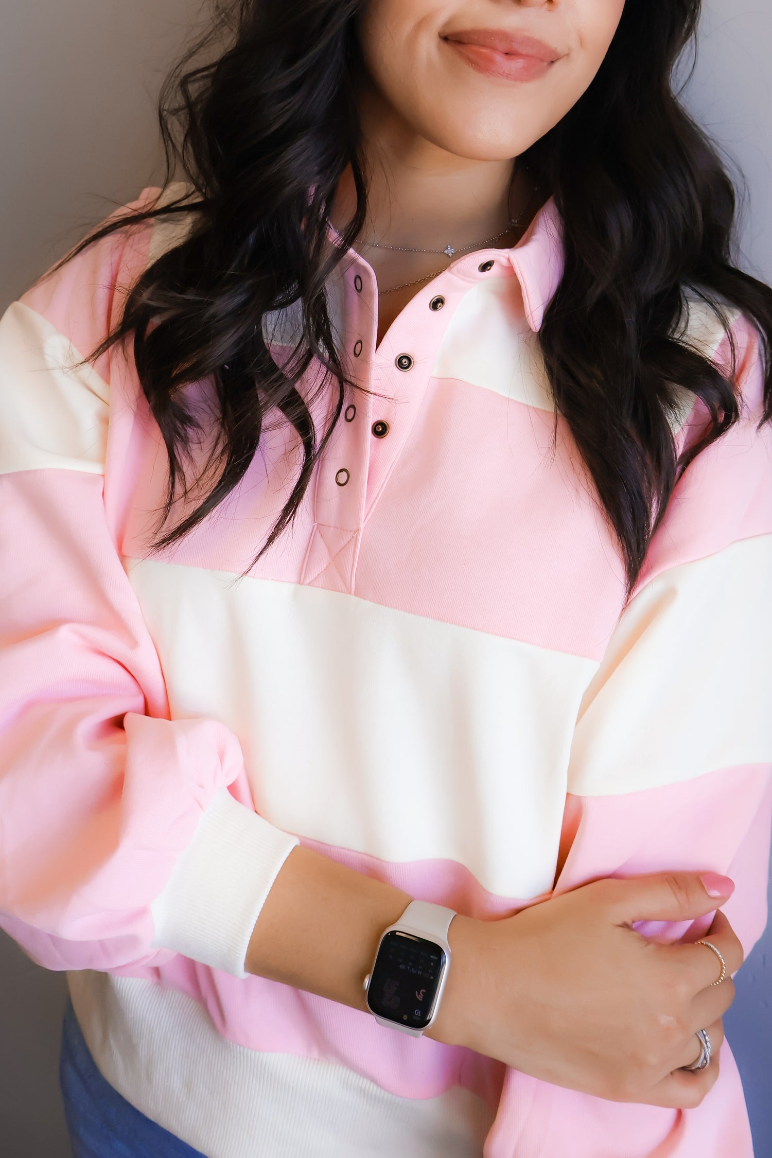 PRETTY IN PINK STRIPED SWEATER CLOSE UP