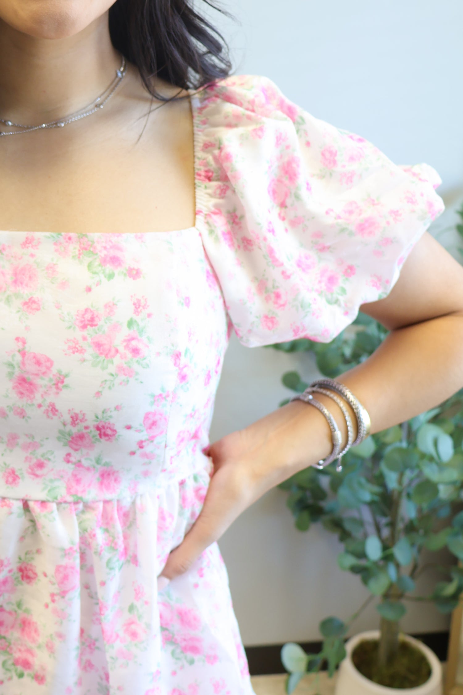 BLOSSOM BABE SQUARE NECK FLORAL MINI DRESS close up