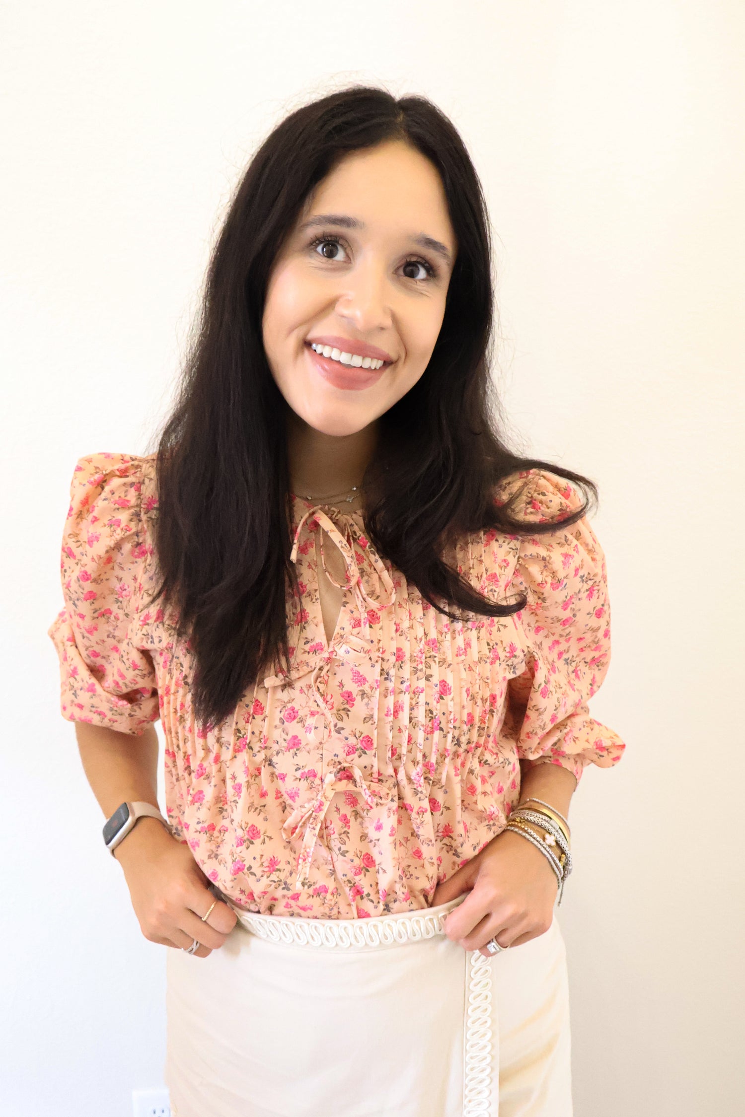 ROSE BLOSSOM BOW BLOUSE | FEMININE FLORAL TOP WITH BUBBLE SLEEVES FRONT