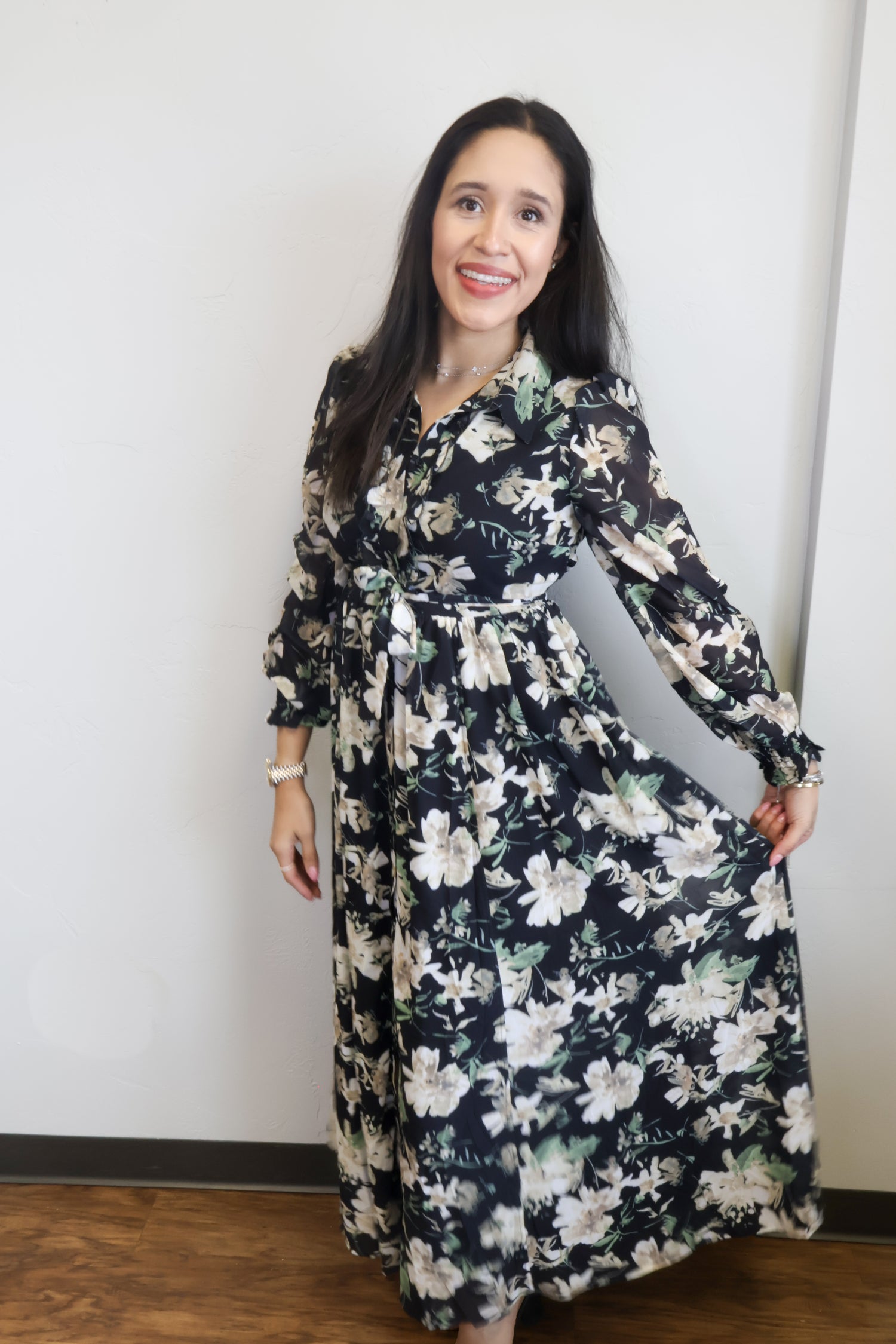 FLORAL MAXI DRESS - BLACK LONG SLEEVE BUTTON-UP BELTED DRESS FLORAL MAXI DRESS - BLACK LONG SLEEVE BUTTON-UP BELTED DRESS