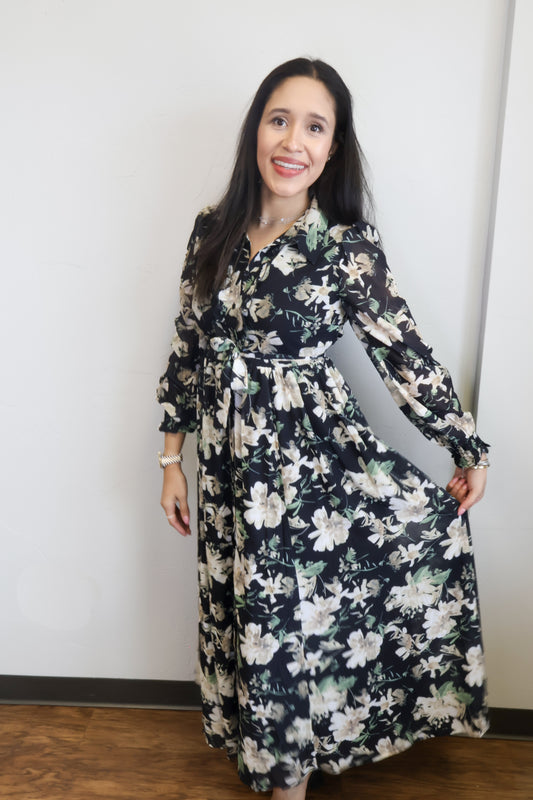 FLORAL MAXI DRESS - BLACK LONG SLEEVE BUTTON-UP BELTED DRESS