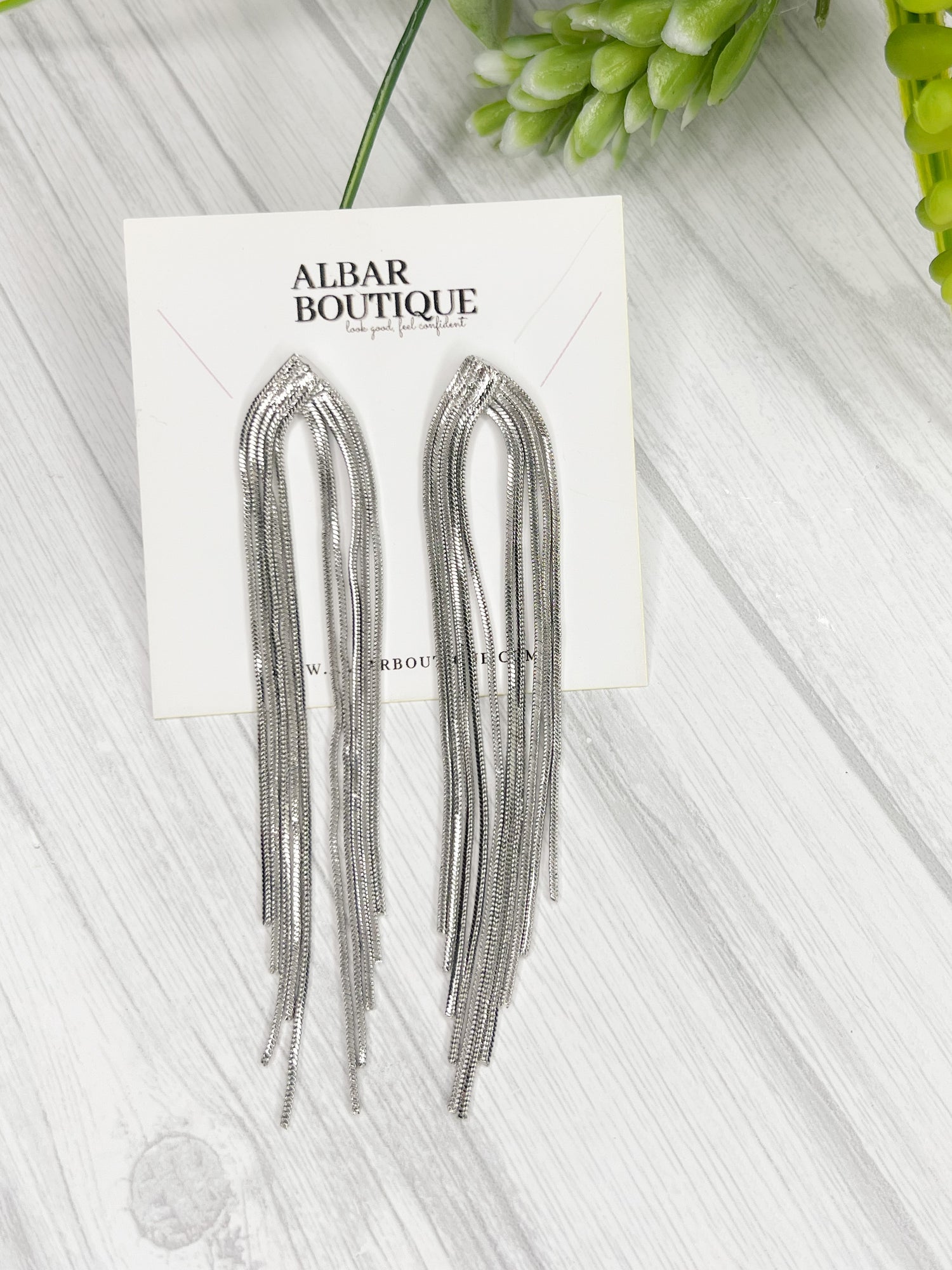 Midnight Luxe Silver Fringe Earrings Flat Lay