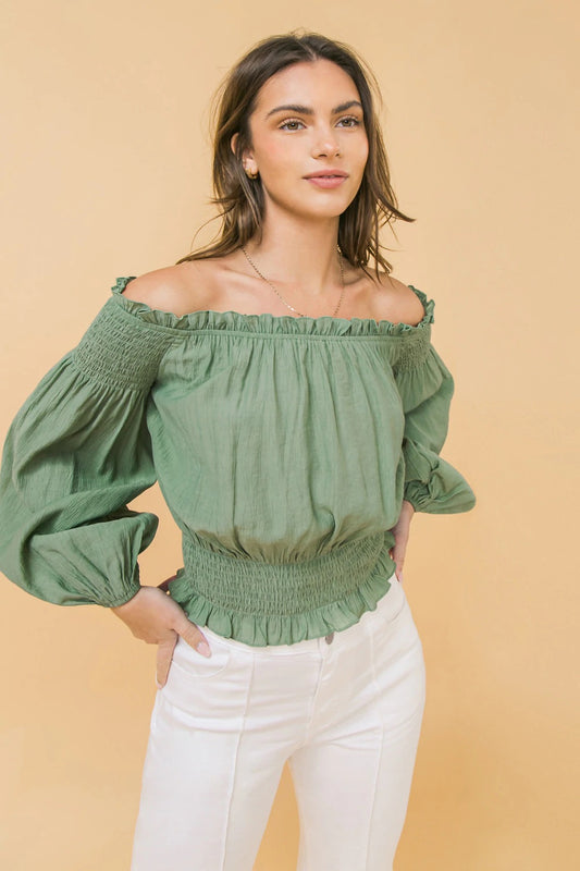 GREEN OFF THE SHOULDER BLOUSE
